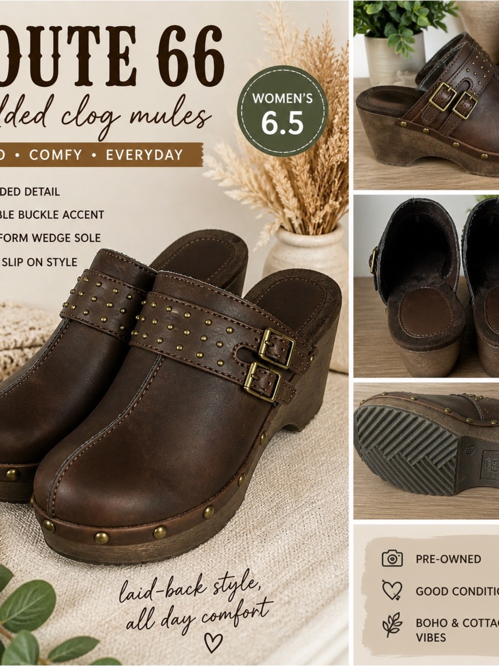 VTG Route 66 Women's Brown Studded Clog Mules